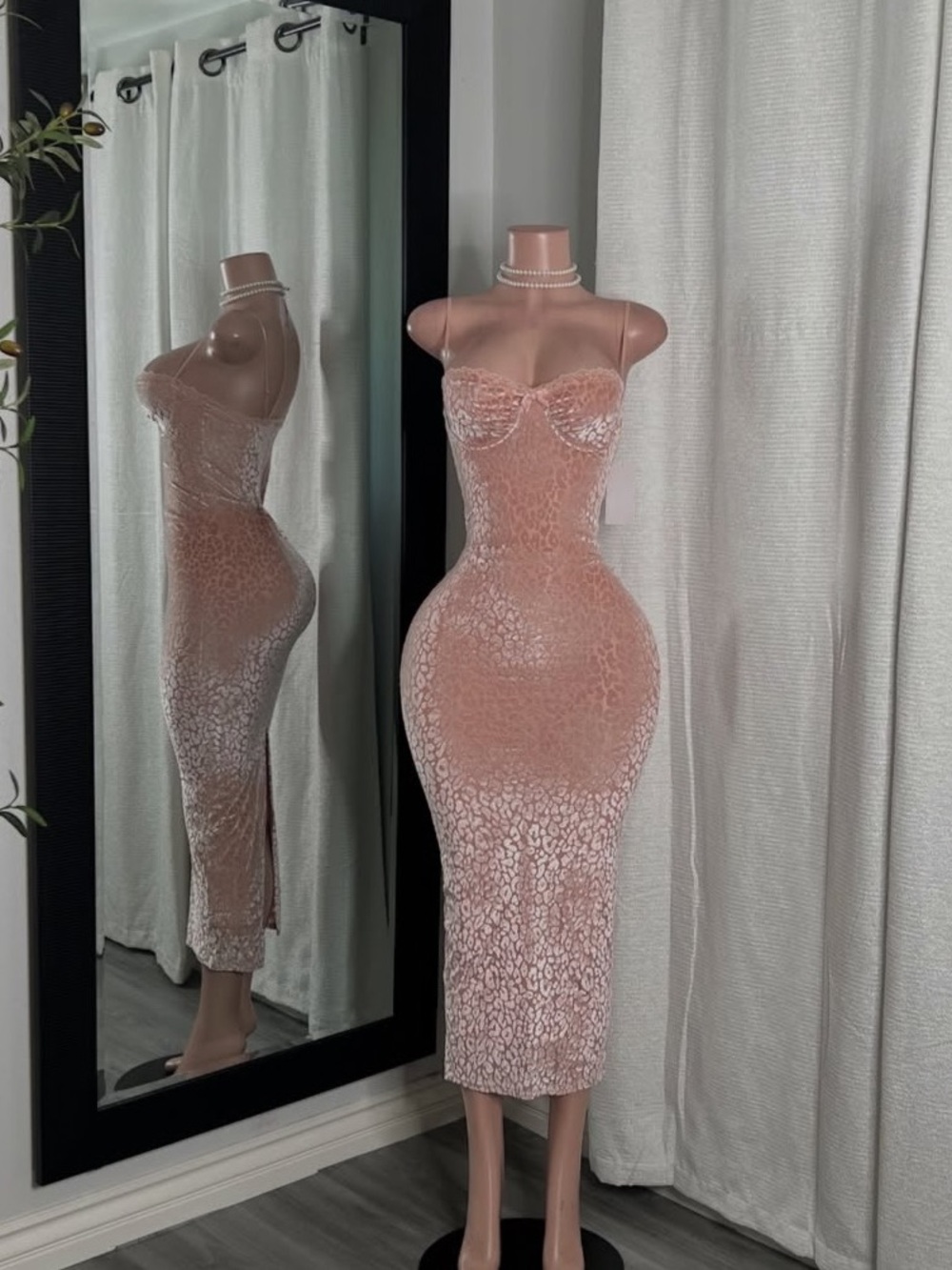 Strapless Sparkle Midi Dress in Blush Pink